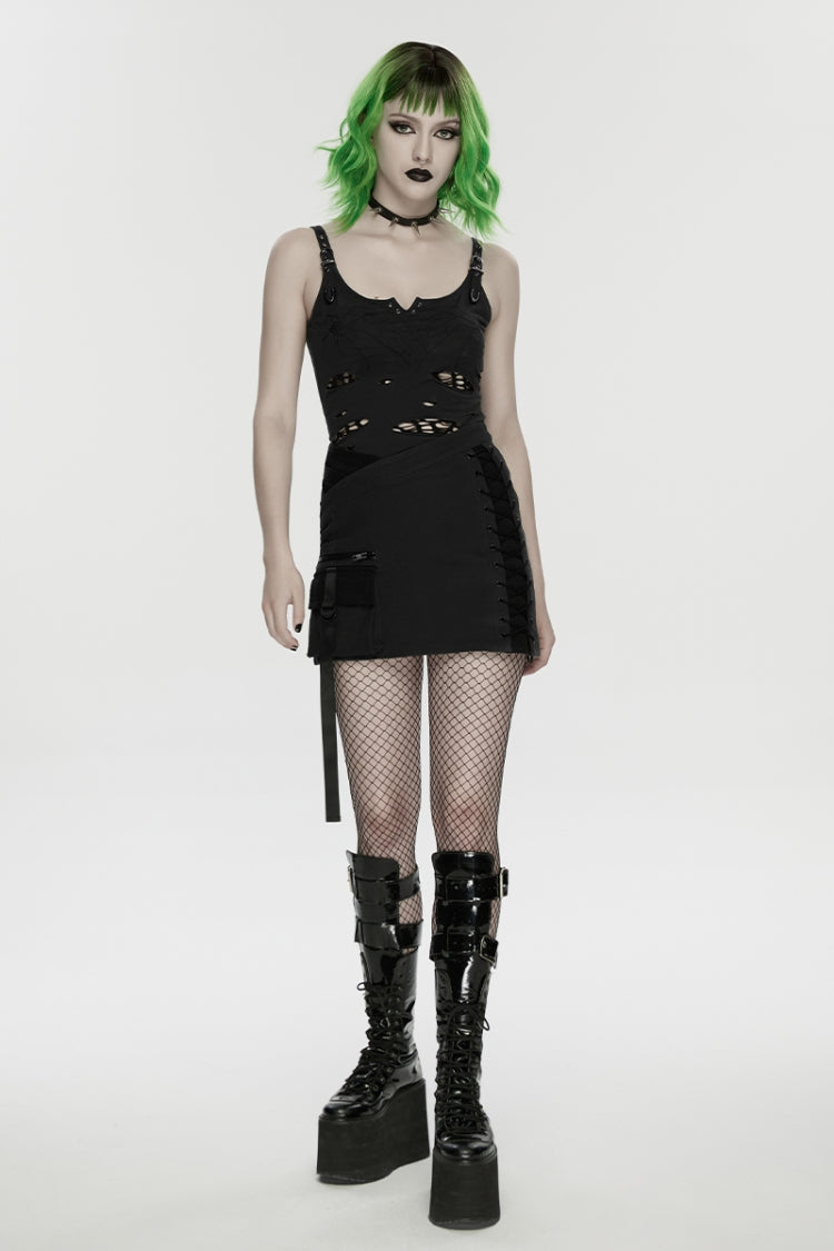 Black Lace-Up Slim Asymmetric Zippered Eyelet Women's Punk Handsome Skirt