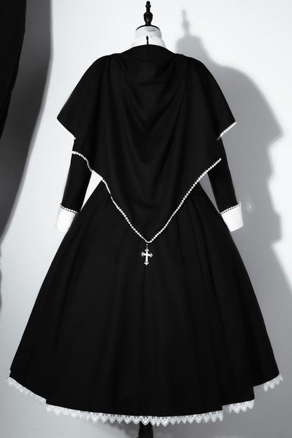 Black Monastery Long Sleeves Cross Print Gothic Lolita Dress Two-piece Set