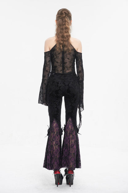 Black Off Shoulder Flared Sleeved Lace Mesh Women's Gothic Shirt