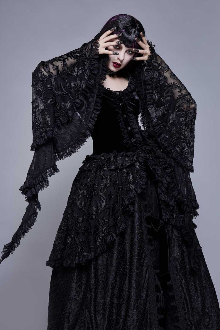 Black Metal Buckle Collar Front Chest Hollow-Out Flare Sleeve Lace Cuff Dress Hem Women's Gothic Coat