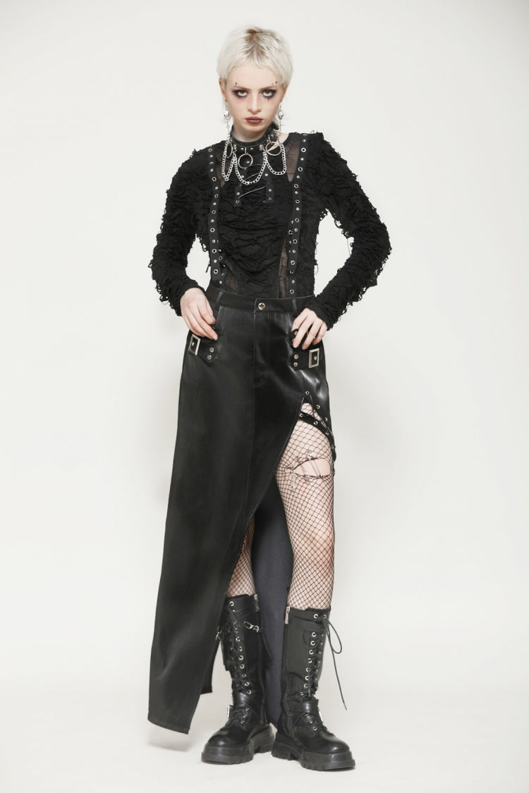 Black Leather Women's Punk Buckled Side Slit Irregular Hem Skirt