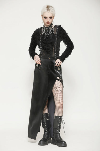 Black Leather Women's Punk Buckled Side Slit Irregular Hem Skirt