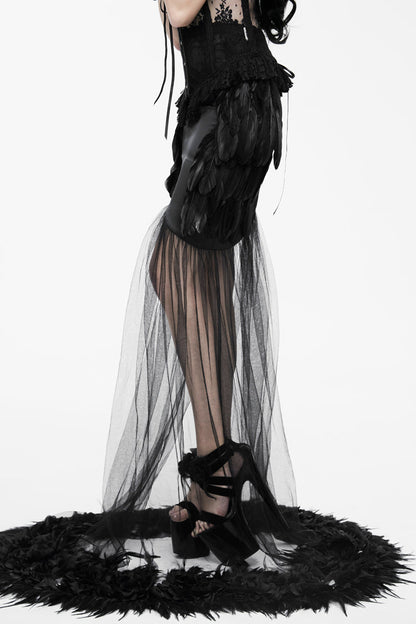 Black Mesh Fishtail Flower Feather Hem Long Satin Women's Gothic Skirt