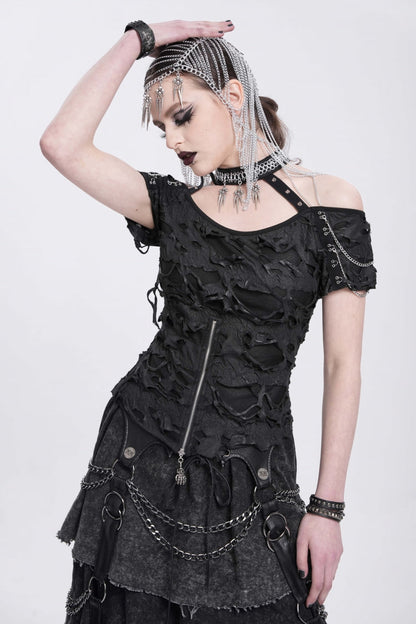 Black Off Shoulder Halterneck Ripped Women's Punk Blouse