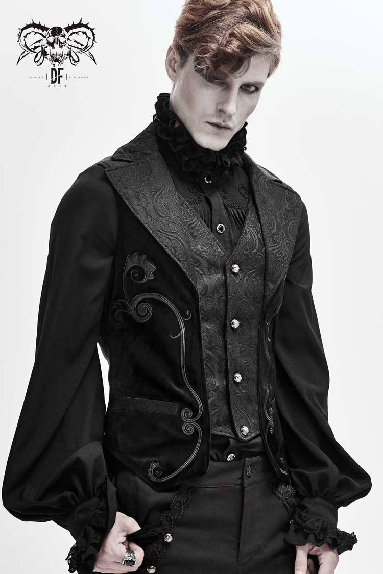 Black Fake Two Piece Leather Embroidered Swallow Tail Hem Men's Gothic Waistcoat