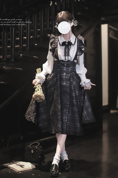 Black Plaid Print Classic College Style Elegant Lolita Strap Dress