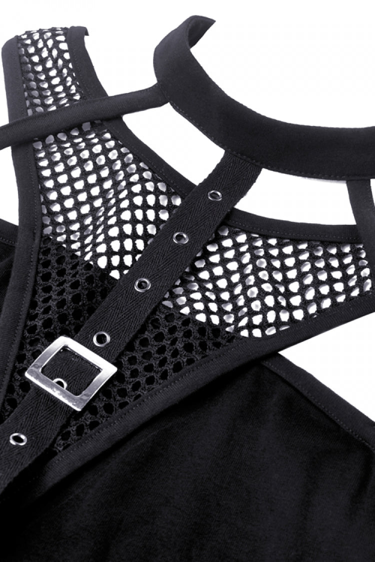 Black Halterneck Spliced Mesh Strappy Buckle Eyelet Harness Women's Punk Midriff-Baring Tank Top