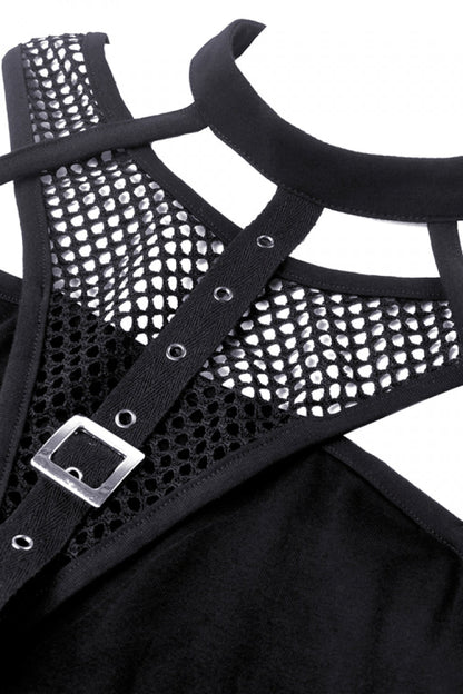 Black Halterneck Spliced Mesh Strappy Buckle Eyelet Harness Women's Punk Midriff-Baring Tank Top