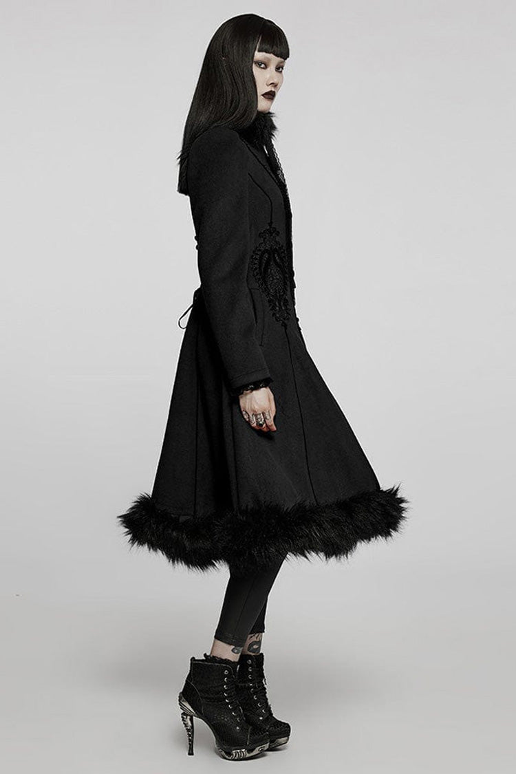 Black Gothic Gorgeous Symmetric Appliqu¨¦ Detachable Big Fur Collar Loose Hem Long Women's Coat