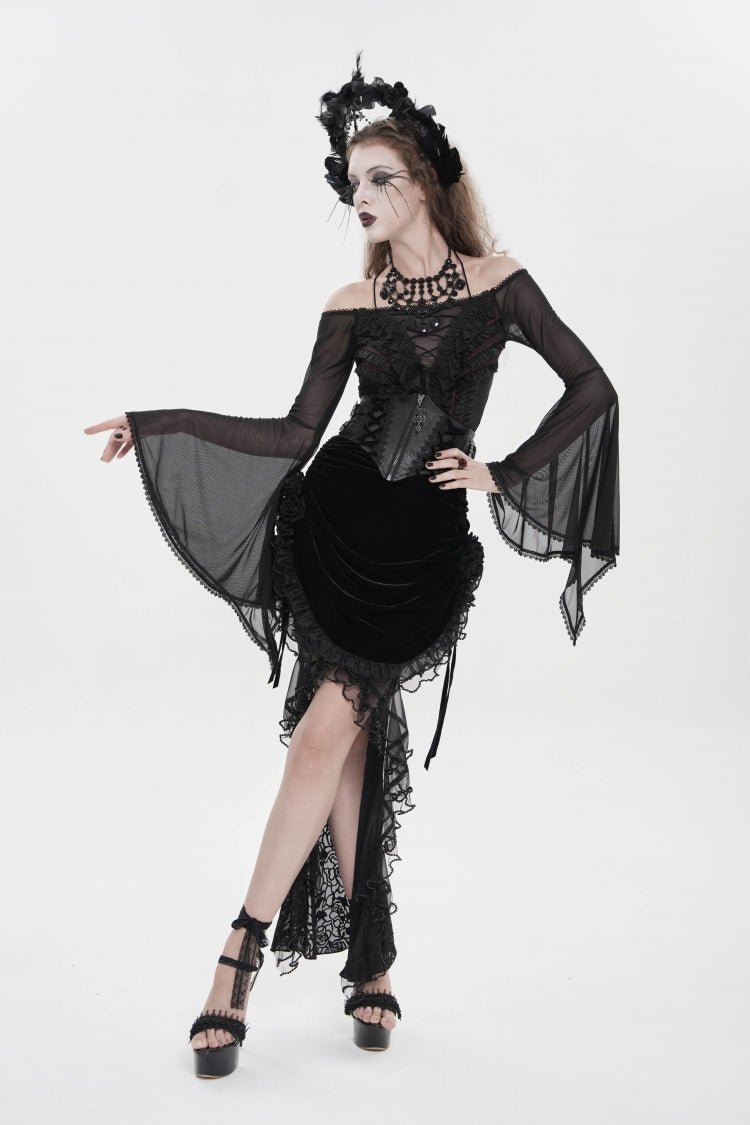 Black Embroidered Rose Lace-up Irregular Women's Gothic Hem Skirt