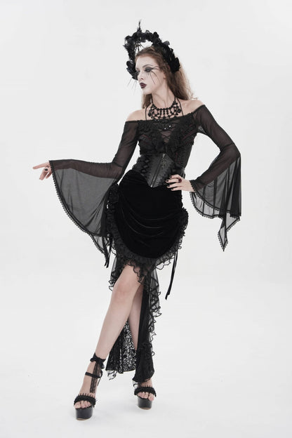 Black Embroidered Rose Lace-up Irregular Women's Gothic Hem Skirt