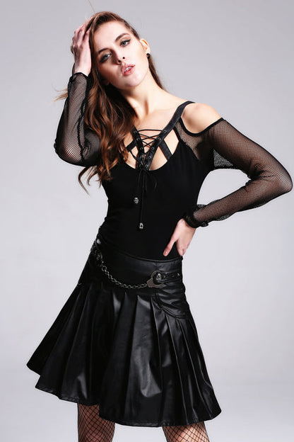 Black Off The Shoulder Leather Straps Lace Up Punk Womens Modal T-Shirt