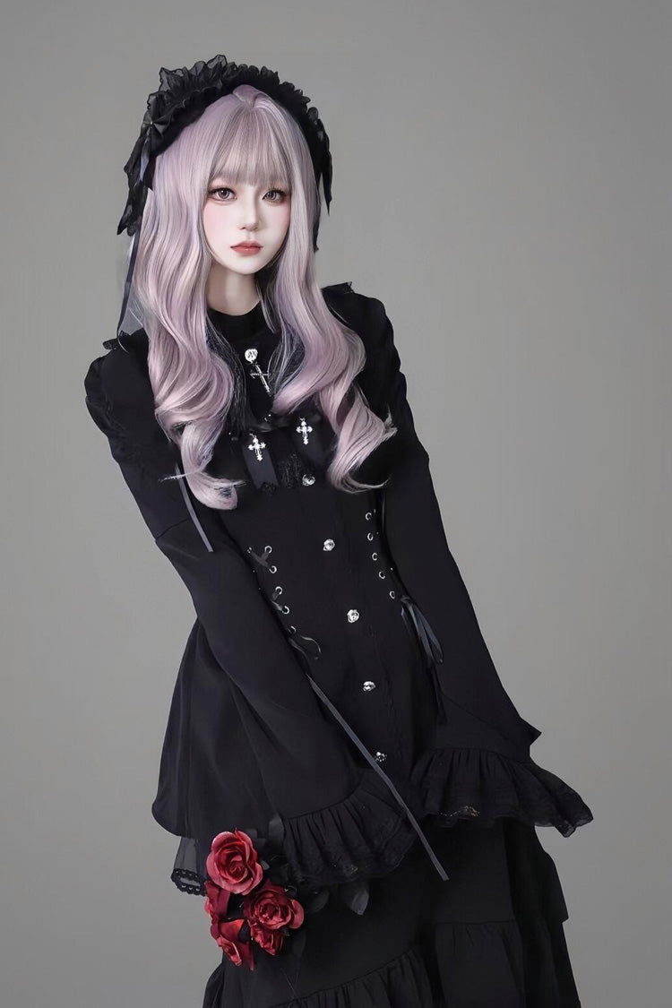 Black Long Trumpet Sleeves Ruffle Gothic Jirai Kei Japanese Dress Set 2 Colors