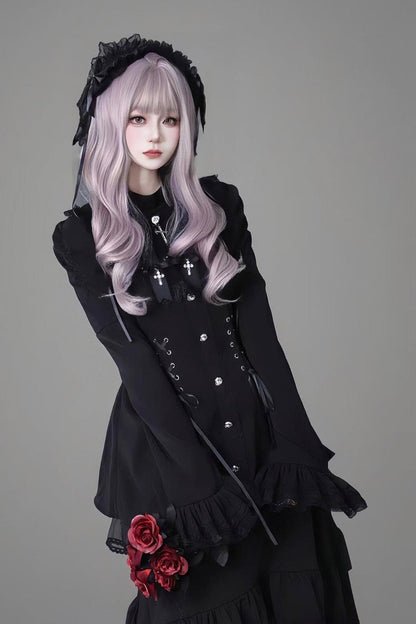 Black Long Trumpet Sleeves Ruffle Gothic Jirai Kei Japanese Dress Set 2 Colors