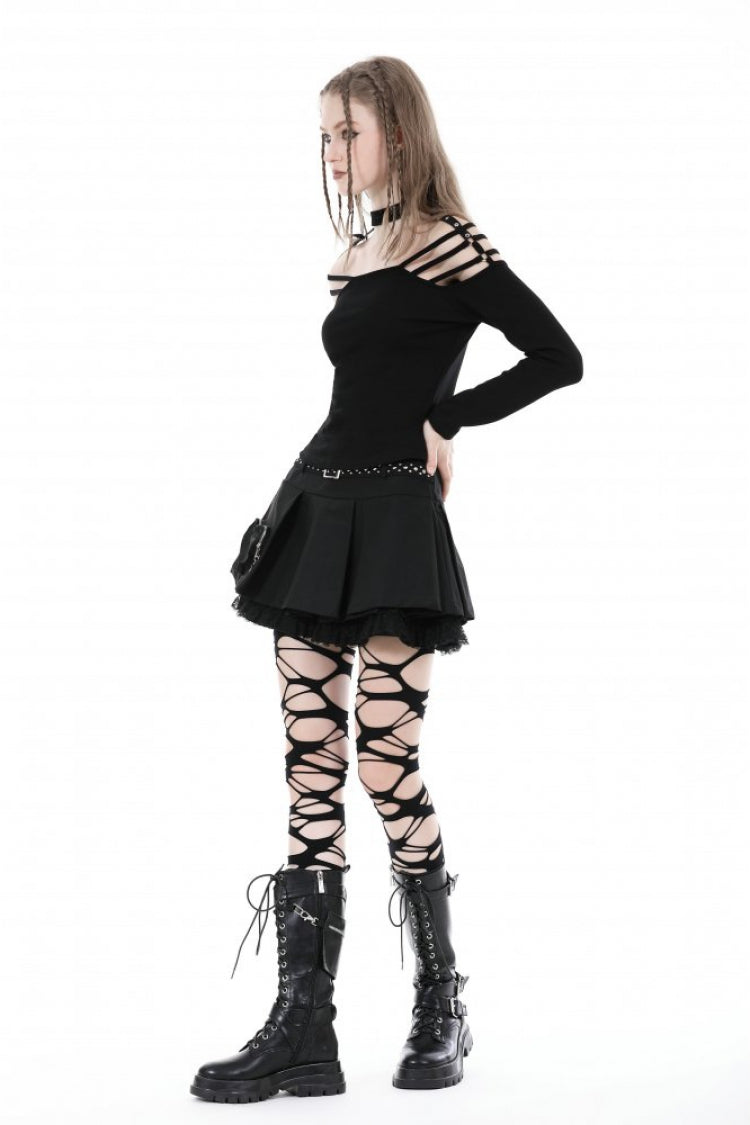 Black Off Shoulder Long Sleeves Cut-Out Buckled Women's Punk Blouse