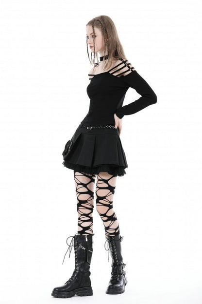 Black Off Shoulder Long Sleeves Cut-Out Buckled Women's Punk Blouse