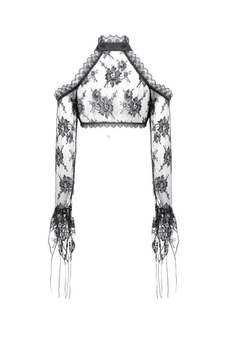 Black Off Shoulder Long Sleeves Sheer Floral Lace Women's Gothic Shrug
