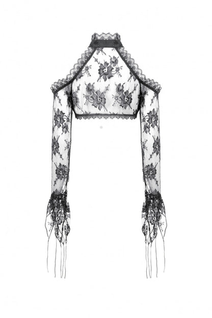 Black Off Shoulder Long Sleeves Sheer Floral Lace Women's Gothic Shrug