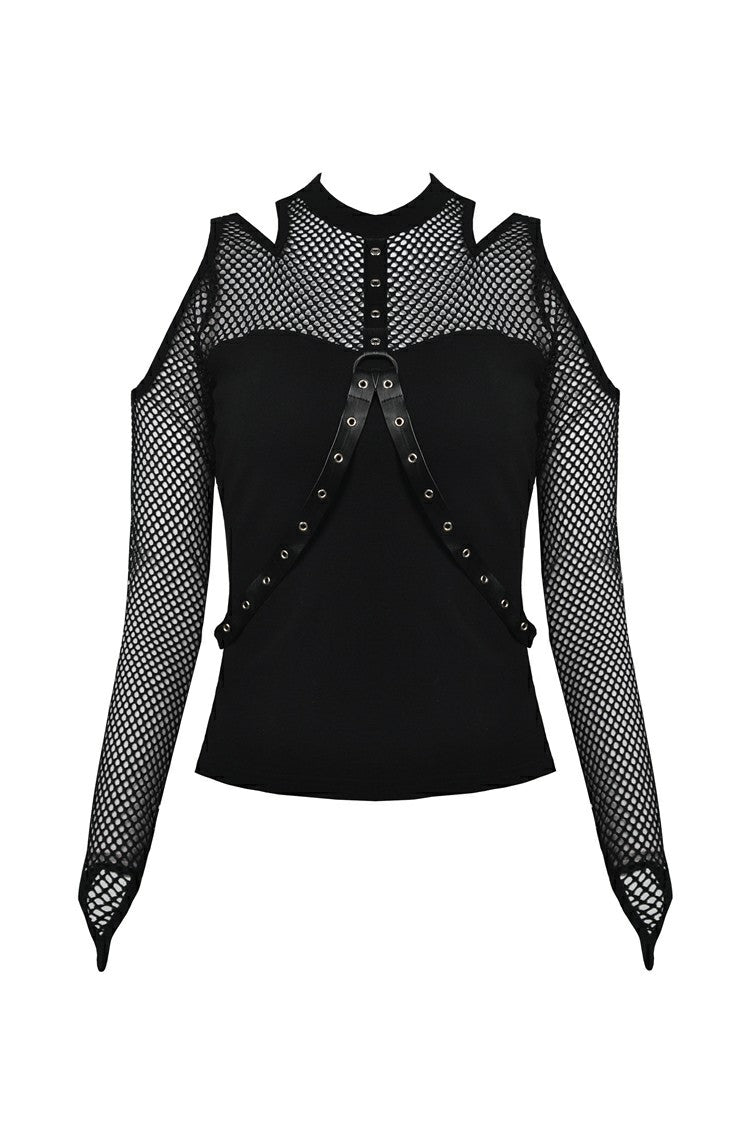 Black Off Shoulder Long Sleeves Mesh Crossed Harness Straps Eyelet Sexy Women's Punk Top