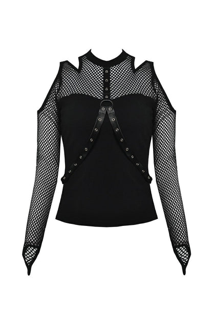 Black Off Shoulder Long Sleeves Mesh Crossed Harness Straps Eyelet Sexy Women's Punk Top