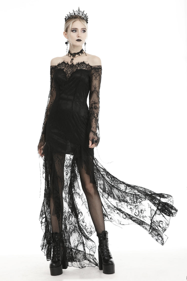 Black Off Shoulder Long Sleeves Lace Lace-Up Women's Gothic Mermaid Wedding Dress