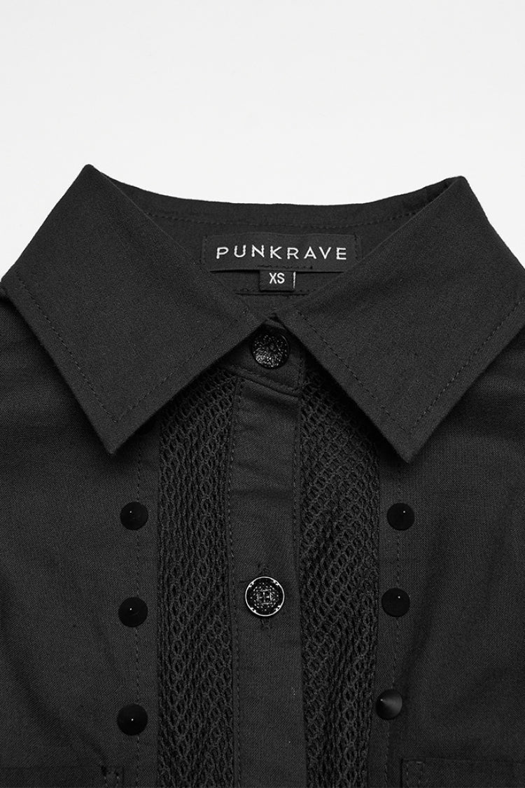 Black Lapel Collar Short Sleeves Mesh Studded Tassels  Women's Punk Blouse