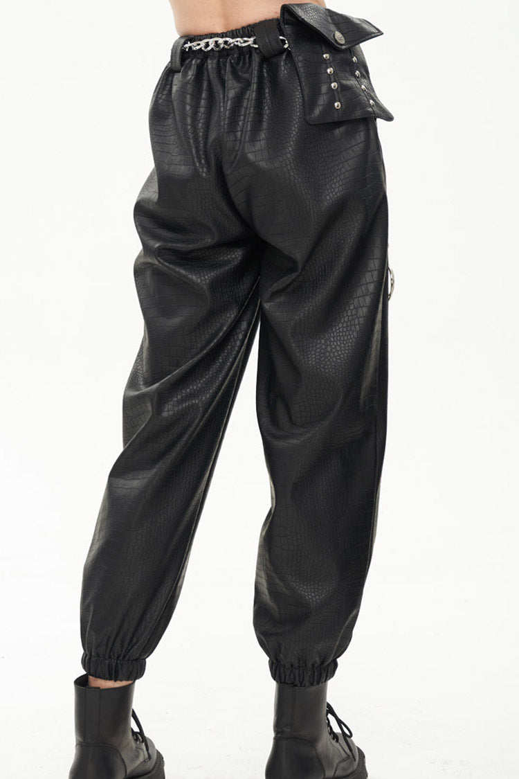 Black Gothic Crocodile Pattern Metal Chain Design Lantern Leather Women's Pants