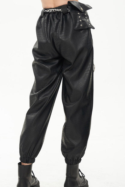Black Gothic Crocodile Pattern Metal Chain Design Lantern Leather Women's Pants
