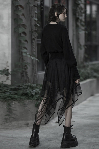 Black Embroidery Lace Asymmetric Hem Women's Gothic Skirt