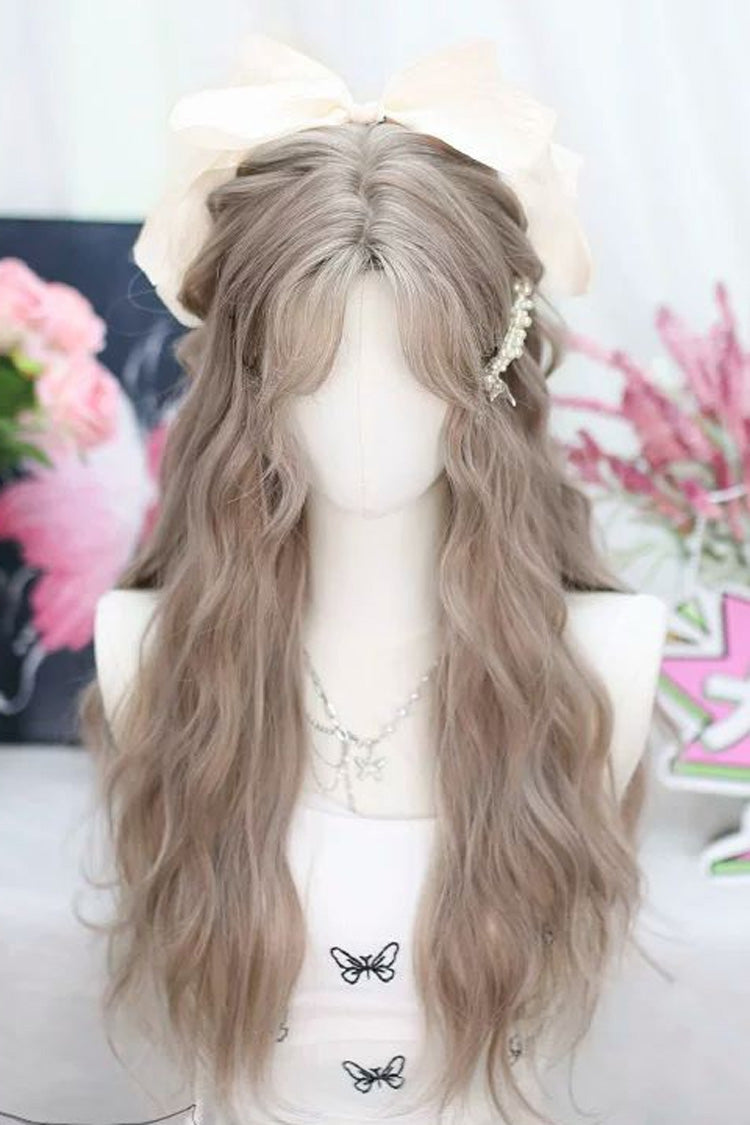 Beige Brown Sweet Lolita Long Wavy Wig with Curved Bangs