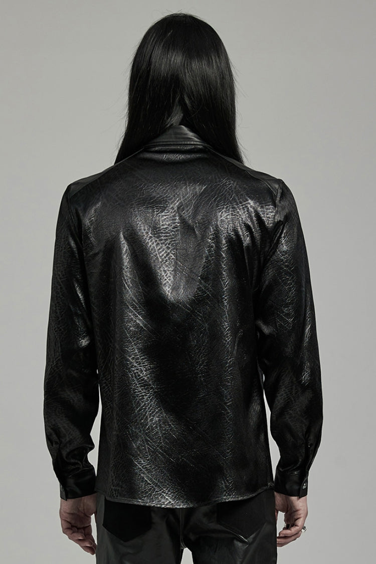 Black Lapel Collar Long Sleeves Faux Leather Men's Gothic Blouse
