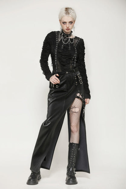 Black Leather Women's Punk Buckled Side Slit Irregular Hem Skirt
