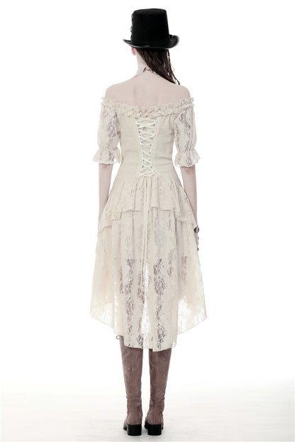 Beige Ruffled Off Shoulder Short Sleeves Ruched Women's Steampunk Vintage Gorgeous Graduation Dress