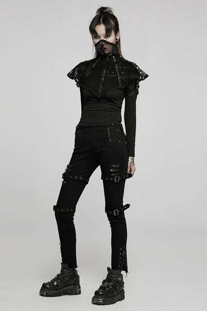 Black Leather Stitching Ripped Women's Gothic Mask