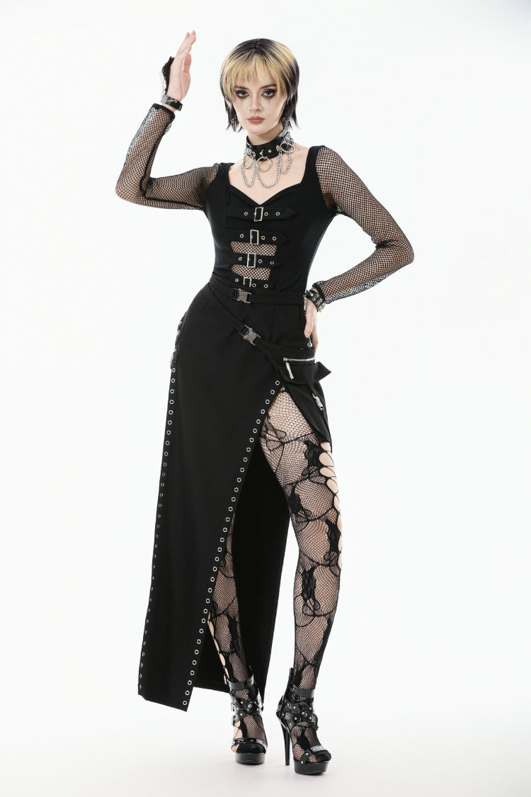 Black Mesh Spliced Long Sleeves Buckled Strap Eyelet Women's Punk Top