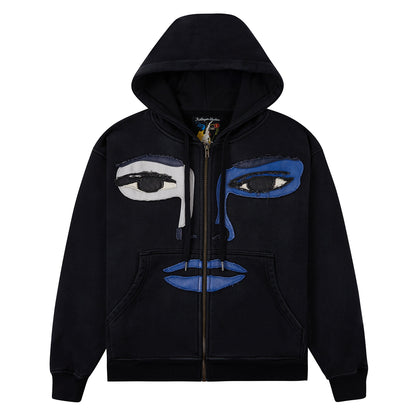 Patchwork Face Zip Up Hoodie | Black