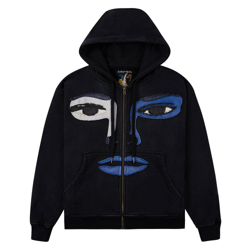 Patchwork Face Zip Up Hoodie | Black