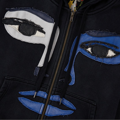 Patchwork Face Zip Up Hoodie | Black