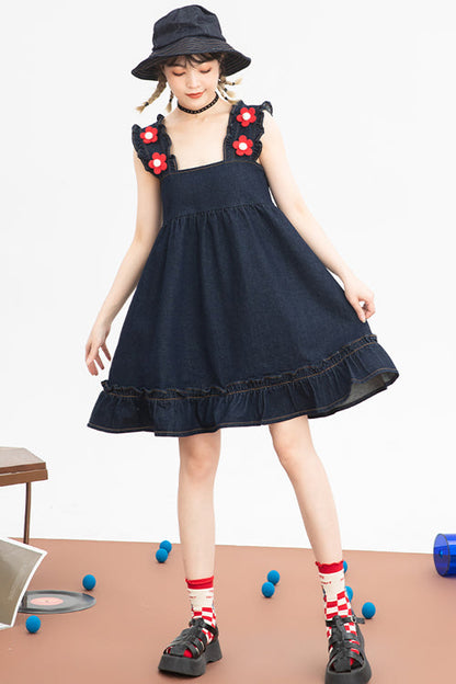 Black Denim Ruffled Strap With Flower Accessories High Waisted Sweet Lolita Strap Dress