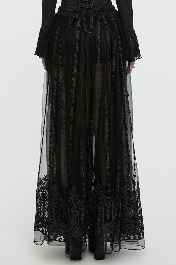 Black Floral Embroidery Mesh Women's Gothic Skirt
