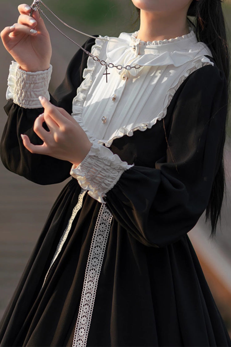Black Bowknot Ruffled Nun Gothic Lolita Tiered Dress