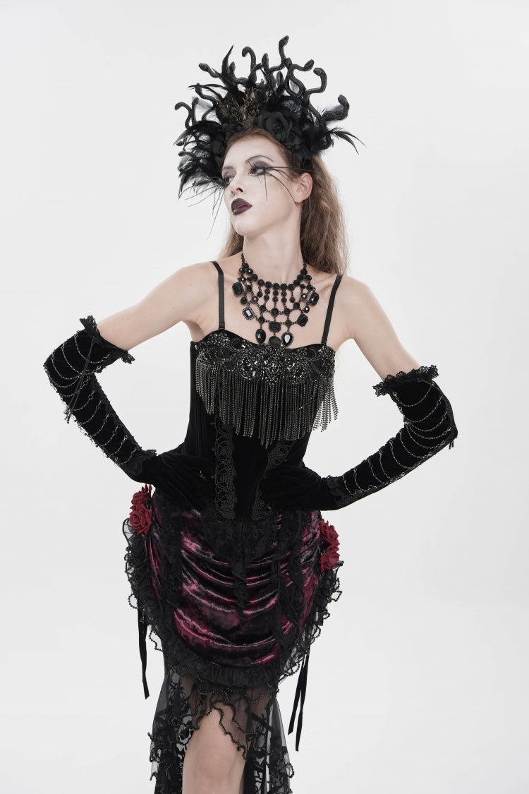 Black Lace-Up Women's Gothic Embroidered Tassels  Overbust Corset