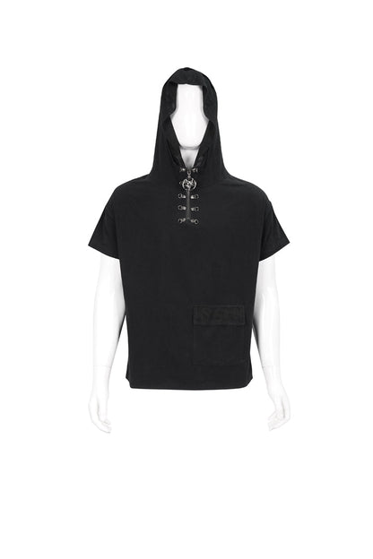 Black Hooded Mesh Splice Zipper Back Openwork Lace-Up Casual Short Sleeve Men's Punk T-Shirt