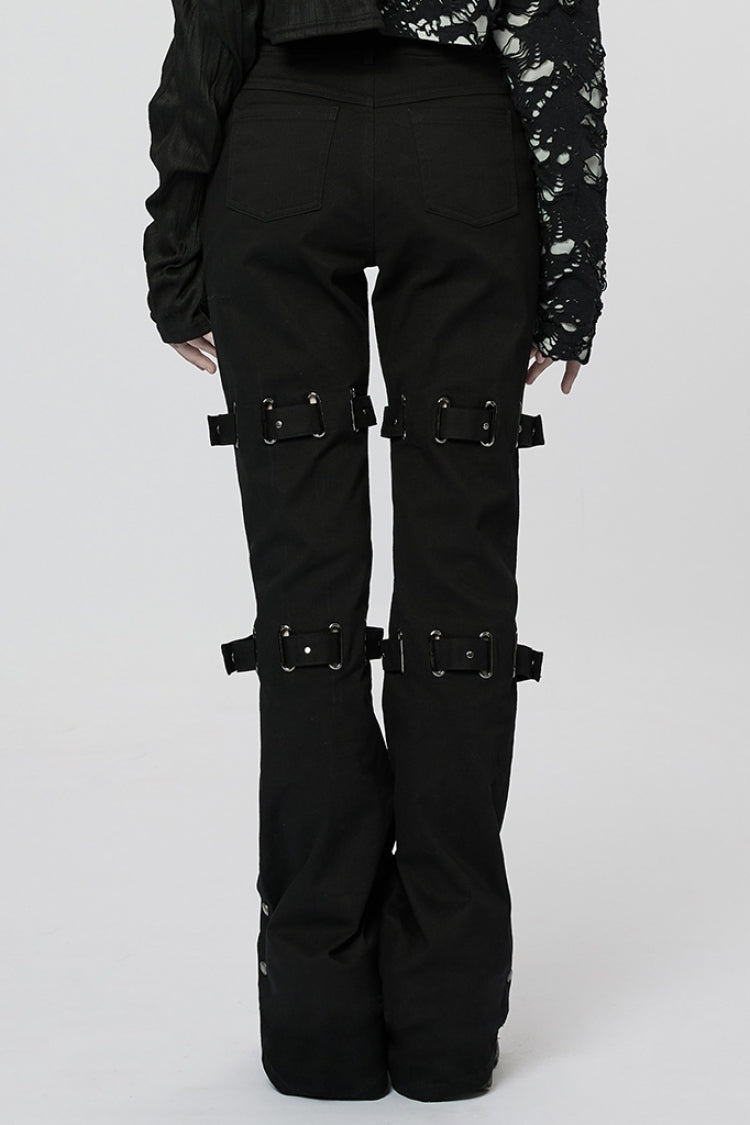 Black Metal Buckles Straps Women's Steampunk Flared Pants