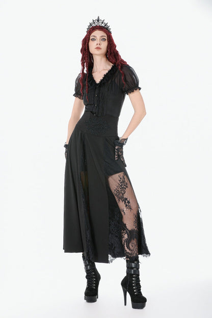 Black High Waisted Floral Printed Lace Mesh Women's Gothic Elegant Long Skirt