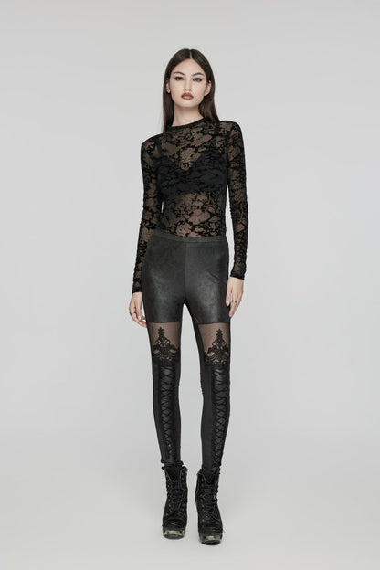 Black Embroidered Spliced Sheer Women's Gothic Leggings