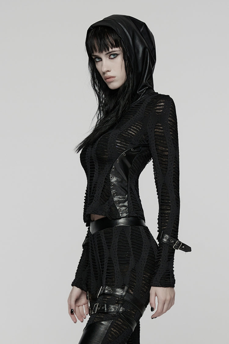 Black Long Sleeves Hooded Ripped Buckled Strappy Women's Punk T-Shirt