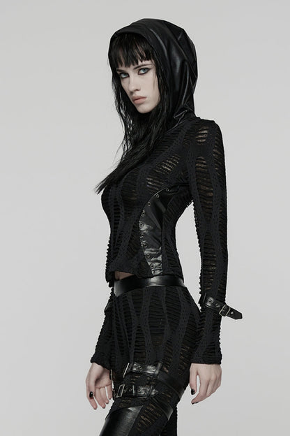 Black Long Sleeves Hooded Ripped Buckled Strappy Women's Punk T-Shirt