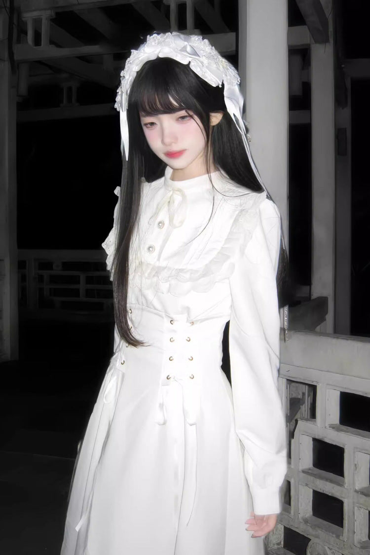 Apricot Stand Collar Long Sleeves Ruffled Lace-Up Mid-length Gothic Lolita Dress