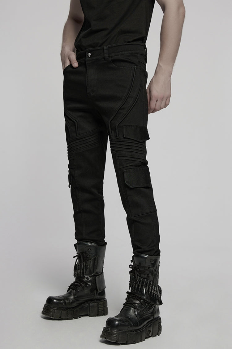 Black Multi-pocket Pleated Men's Punk Denim Pants